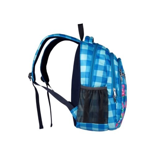 Waterproof backpack in blue with check design and flowers