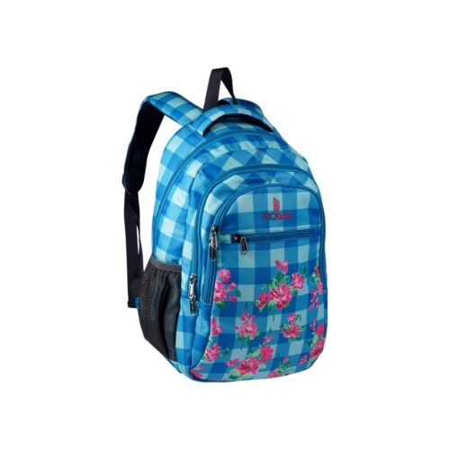 Waterproof backpack in blue with check design and flowers