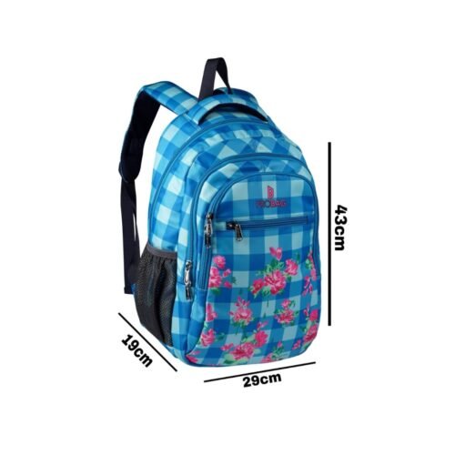 Waterproof backpack in blue with check design and flowers